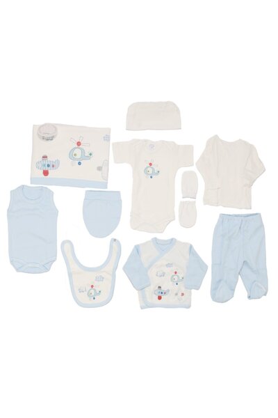 bebegen Baby Boy White Blue Helicopter Patterned 10 Piece Hospital Discharge Set