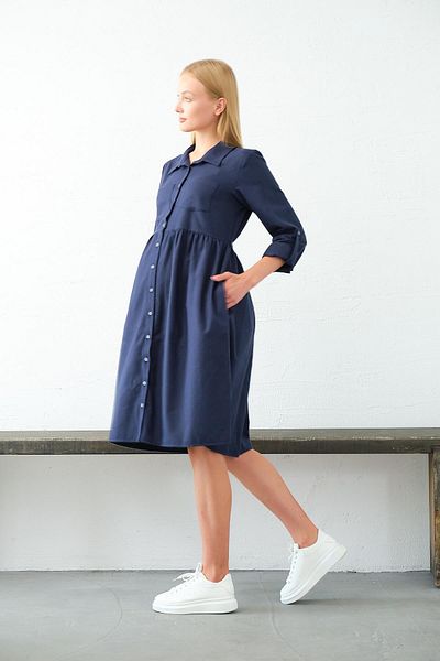 BUSA Maternity Long Sleeve Side Pocket Button Dress Dark Blue