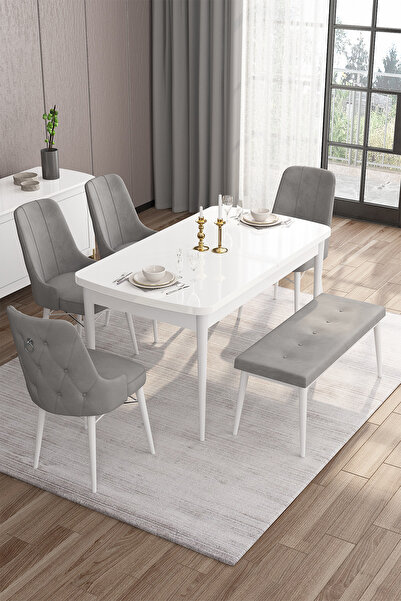 Canisa Are Serisi 80x132 Mdf Açılabilir Beyaz Masa Takımı 4 Gri Sandalye Ve 1...