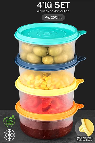 Meleni Home Colorful Round Food Storage Set of 4 - Food Organizer Container 4X250Ml