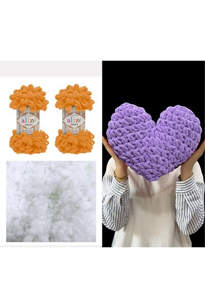 Alize 2 Μαξιλάρια Puffy Heart - 336 Πορτοκάλι και 200 γρ. Σετ ινών με χάντρες