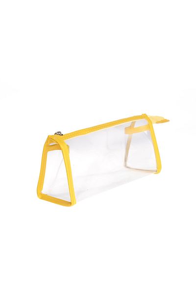 VUKİ Yellow Color Triangle Clear Leather Zipper Pencil Case & Makeup Bag