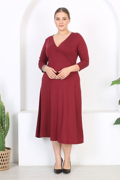 Madwilo Women's Burgundy Maxi Length Double Breasted Neckline Three Quarter Sleeve Plus Size Dress