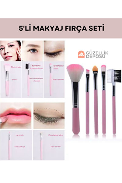 Güzellik Deposu Makyaj Fırça Seti 5'li (Allık Fırçası-Kaş Fırçası-Far Süngeri-Ruj Fırçası-Far Dağıtma Fırçası)