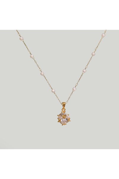 FOURSOLOS Steel Women's Necklace, White Beaded Stone Chain, Gold Color, No:124