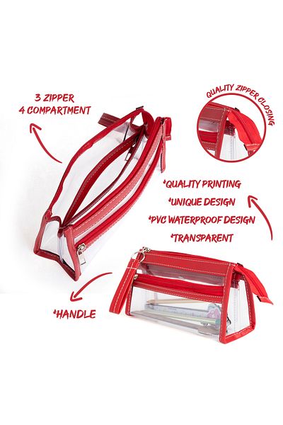 VUKİ Red Colored 3 Pockets Triangle Clear Leather Pencil Case & Makeup Bag