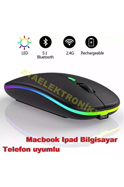 ATAELEKTRONİK Slim Çift Modlu Kablosuz Bluetooth 5.1 Mouse Maus Rgb Ledli Şar...
