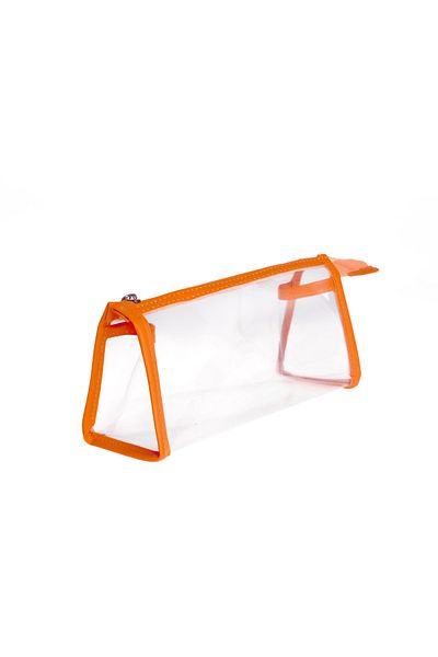 VUKİ Orange Color Triangle Clear Leather Zipper Pencil Case & Makeup Bag