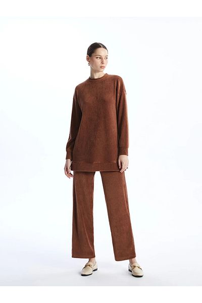 LC Waikiki Lcw Modest Brown Crew Neck Solid Long Sleeve Velvet Women's Tunic