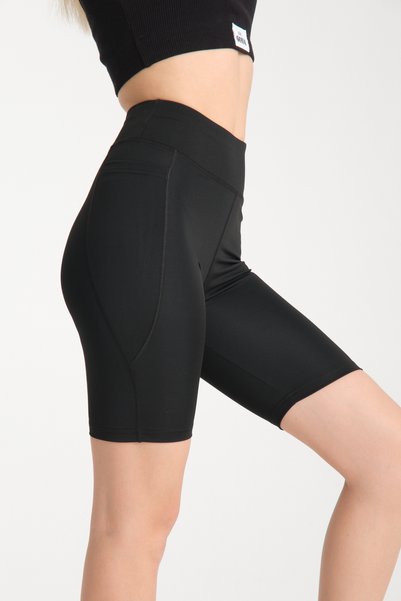 jeneric Women's Black High Waist Gathering Single Pocket Biker Shorts Short Sports Leggings