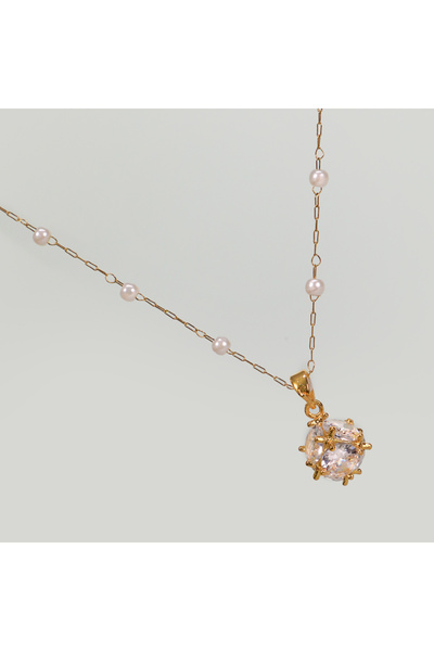 FOURSOLOS Steel Women's Necklace, White Beaded Stone Chain, Gold Color, No:124