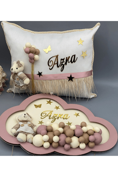 gifthomeshop Kız Bebek Odası Kapı Süsü ve Takı Yastığı - Beyaz-Pembe