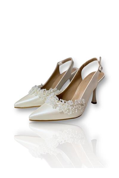 Zarifiz 9 cm Pearl Embroidered Stiletto Women's Heeled Shoes - Mother of Pearl