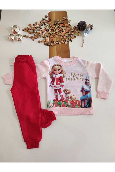 Asel Merry Christmas Writtened Girl's Printed 3-Spinch Sharted Bottom Girl's Suit