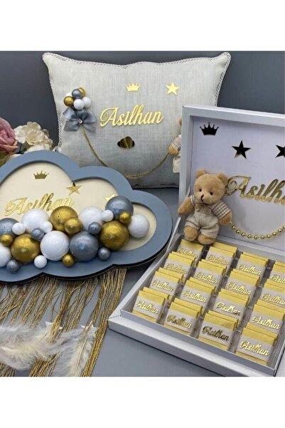gifthomeshop İsimli Bebek Çikolatası Kapı Süsü Takı Yastığı 3'lü Set
