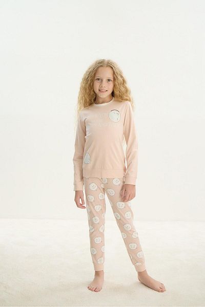 Sevim Set de pijamale cu mâneci lungi de culoare pudra pentru fete - C1T0N7O8