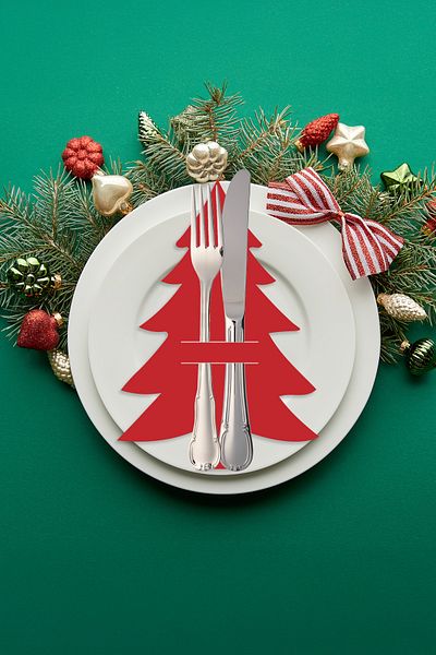 Feymoons New Year's Table Decor - 6 Napkin Holders Red Pine Tree Spoons, Cutlery Depasus1050