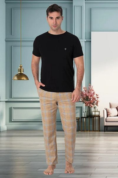 Mecit Pijama Βαμβακερό, καρό σχέδιο, κοντό μανίκι, λαιμόκοψη, ανδρικό σετ πιτζάμες μαύρο
