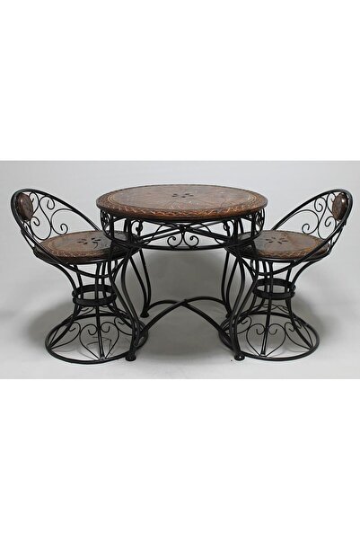 Otantik Çarşı Eskitme Ahşap Ferforje Yuvarlak 60 cm. Sehpa Takımı Büyük Tabureli