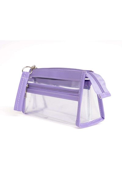 VUKİ Purple Colored 3-Pocket Triangle Clear Leather Pencil Case & Makeup Bag