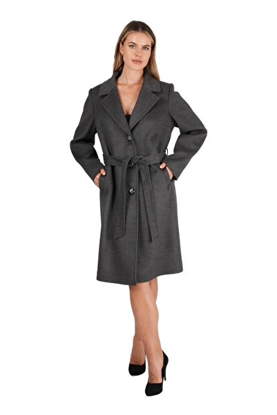 AGSPARK Ceket Yaka Önden Düğmeli Belden Kemerli Kaban-4466