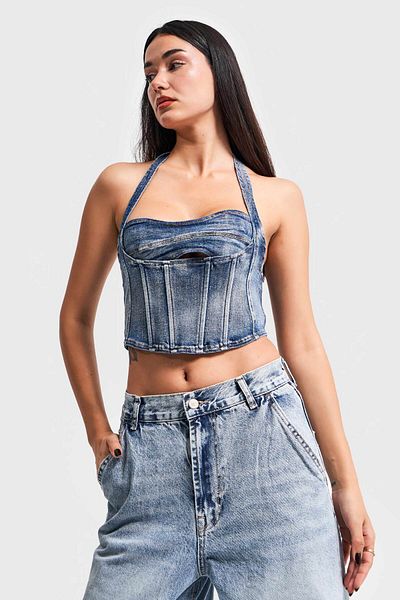 its basic Bustieră albastră din denim elastic - două piese, cu utilizări multiple