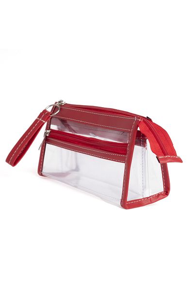 VUKİ Red Colored 3 Pockets Triangle Clear Leather Pencil Case & Makeup Bag