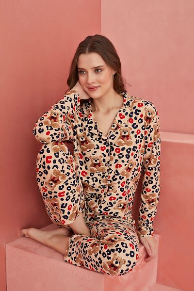 ELİTOL Salmon Plaid Bear Patterned Front Buttoned Suede Pajama Set