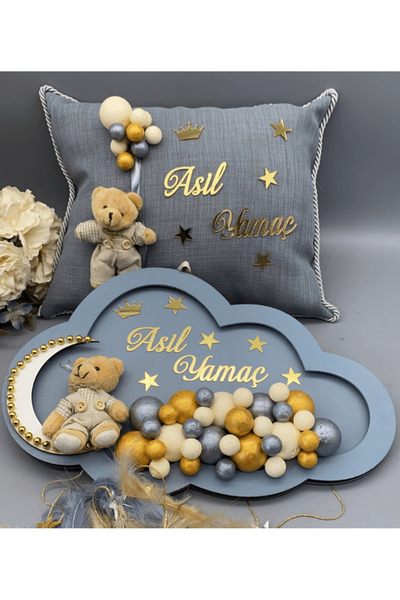 gifthomeshop Gri Bebek Kapı Süsü Ve Takı Yastığı - Ledli