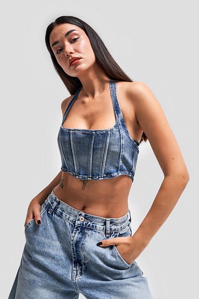 its basic Bustieră albastră din denim elastic - două piese, cu utilizări multiple
