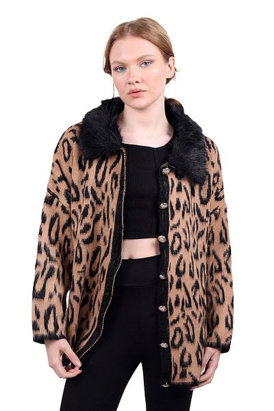 Rays 22288 Cardigan cu guler de blană leopard negru