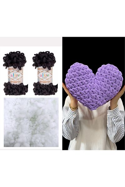 Alize 2 Puffy 1060 Black and 200 Gr. Bead Fiber Set - Heart Pillow Material