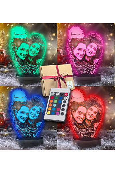 hediye-ci Yılbaşı Hediyesi Kişiye Özel Noel Baba Şapkalı Kalp 3d Led Gece Lam...