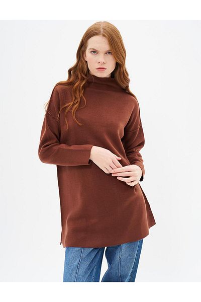 Kayra Red Brown Boat Neck Knitwear Tunic