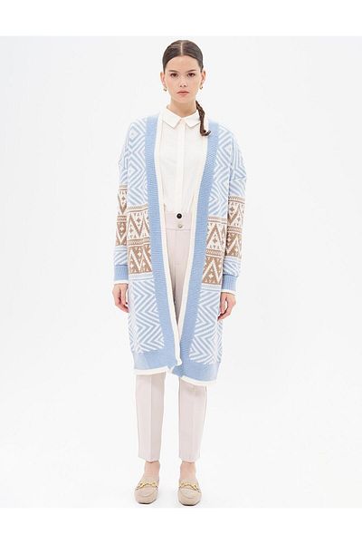 Kayra Cardigan tricotat cu model etnic albastru