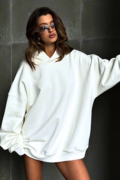 GUARAZ Unisex Λευκό Oversize Φλις Φούτερ με κουκούλα με κουκούλα
