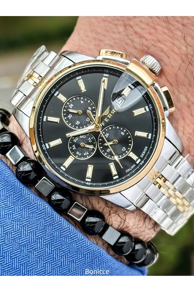 FERRO Brand Functions Active Steel Band, Silver Color, Black Dial Calendar Men's Wrist Watch+Bracelet