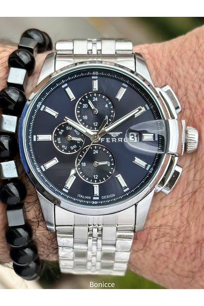 FERRO Brand Functions Active Steel Band,Silver Color,Navy Blue Dial Calendar Men's Wrist Watch+Bracelet