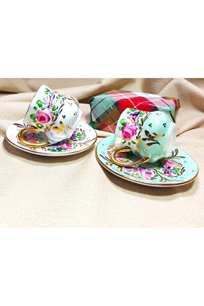BY.RAYKA PORSELEN El Dekor Saray Porcelain Hand Painting Set of 2 Coffee Cups