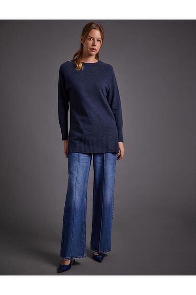 Kayra Navy Blue Knitwear Tunic - Null Collar and Rib Detail