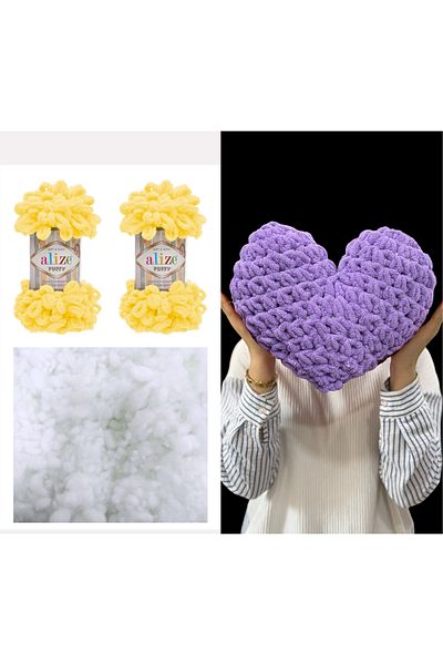 Alize 2 Puffy Yellow and 200 Gr. Bead Fiber Set - Heart Pillow Material