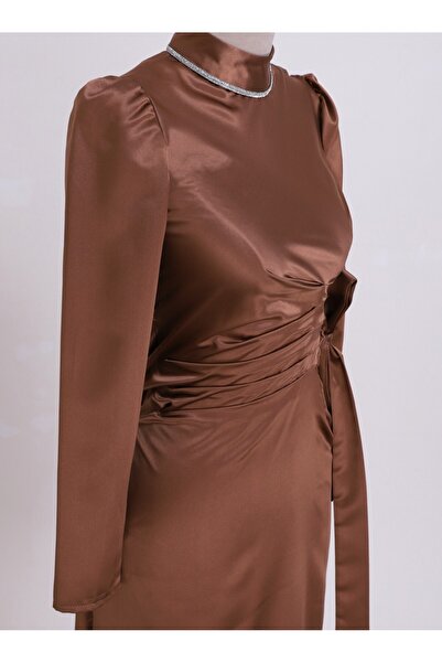 Modamorfo Satin Dress with Side Pleats and Tie Detail on the Collar - Brown