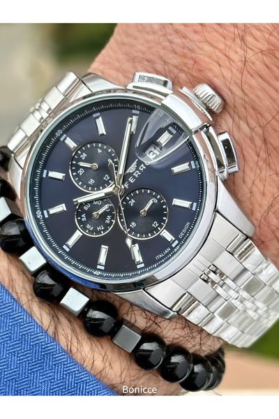 FERRO Brand Functions Active Steel Band,Silver Color,Navy Blue Dial Calendar Men's Wrist Watch+Bracelet