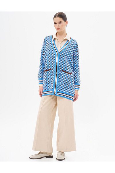 Kayra Cardigan de tricotaj albastru - cu model picioare de corb