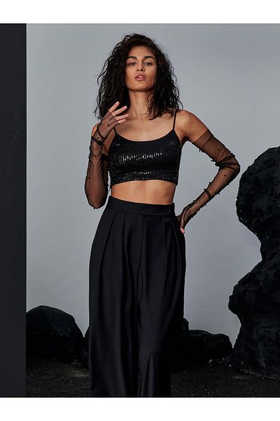 RİVUS Fingerless Tulle Gloves with Black Pearls