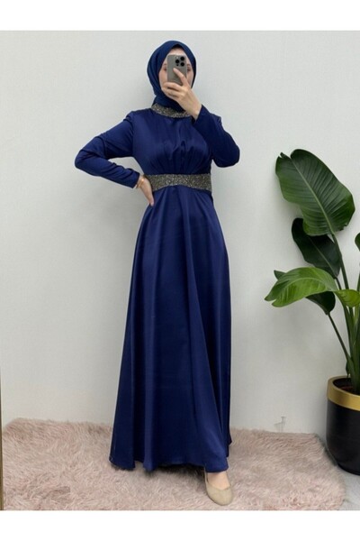 Modamorfo Satin Evening Dress with Stone Detail on the Collar and Waist