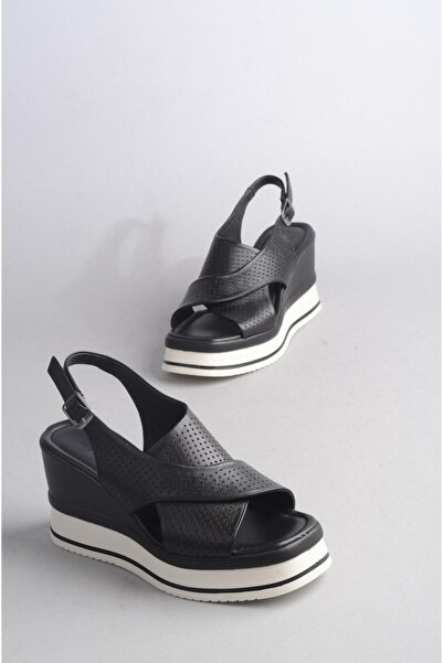 SEÇ KUNDURA Sandale cu toc cu pană din piele naturală SEÇ 721 - Negru (Înălțime toc: 8,5 cm, Platformă: 3,5 cm)