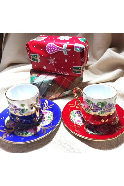 BY.RAYKA PORSELEN El Dekor Saray Porcelain Hand Painting Set of 2 Coffee Cups