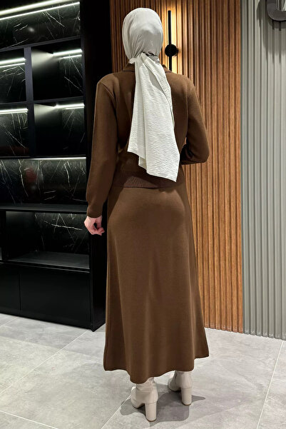 julude Καφέ Κουμπί Λεπτομερής Ζακέτα Φούστα Hijab Πλεκτό Σετ δύο τεμαχίων