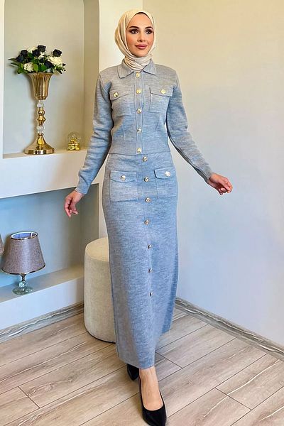 julude Γκρι Κουμπί Λεπτομερής Ζακέτα Φούστα Hijab Knitwear Διπλό Σετ